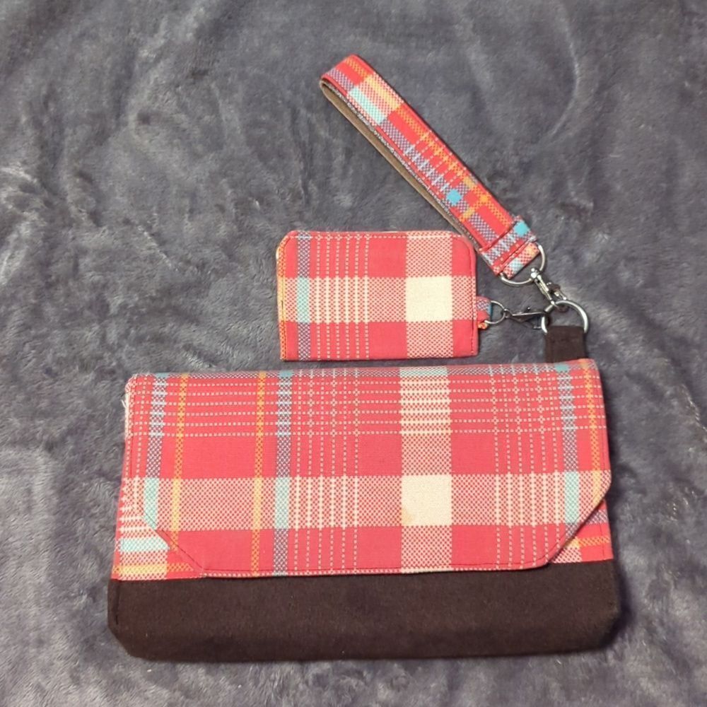 Vintage wrist purse, billfold, key faub‎ plaid set, vegan, handmade